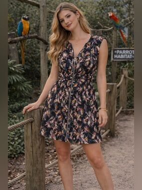 As U Wish Tropical Bird Print Dress Medium Black Zip Front Fit & Flare Summer